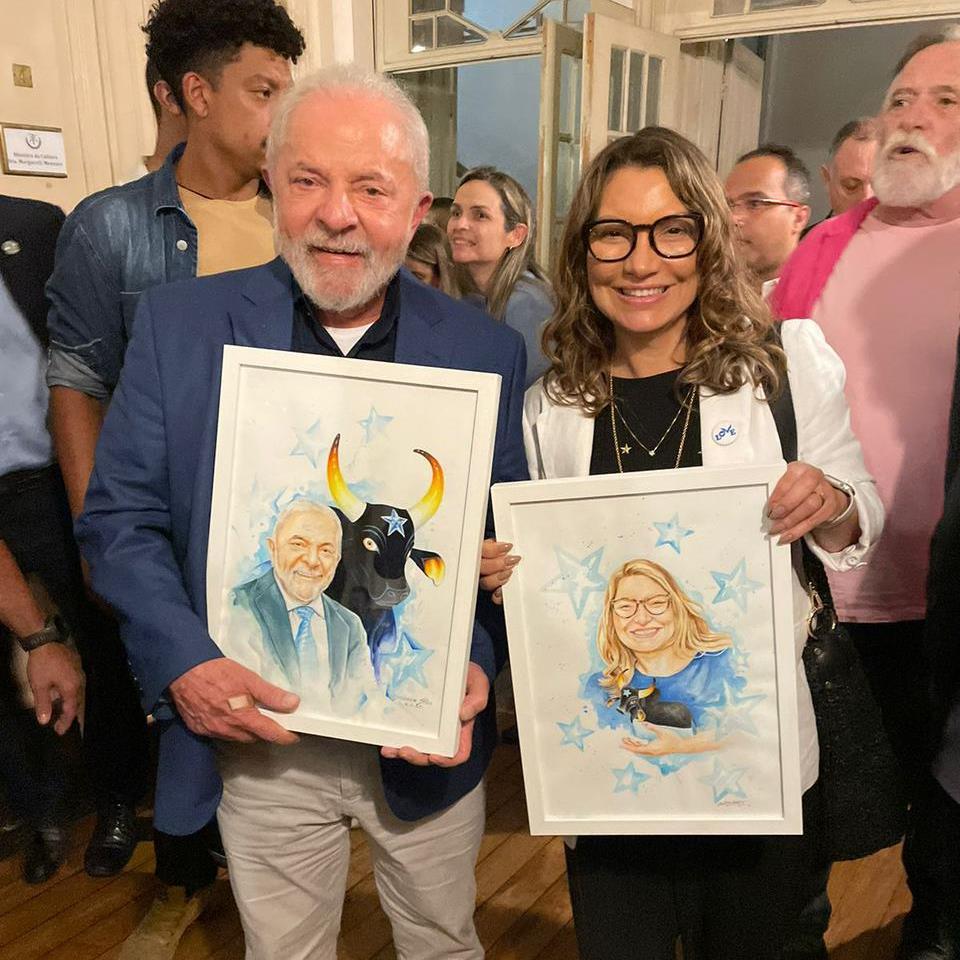 Presidente Lula, primeira-dama Janja e ministra Margareth Menezes recebem obras de artistas do Caprichoso